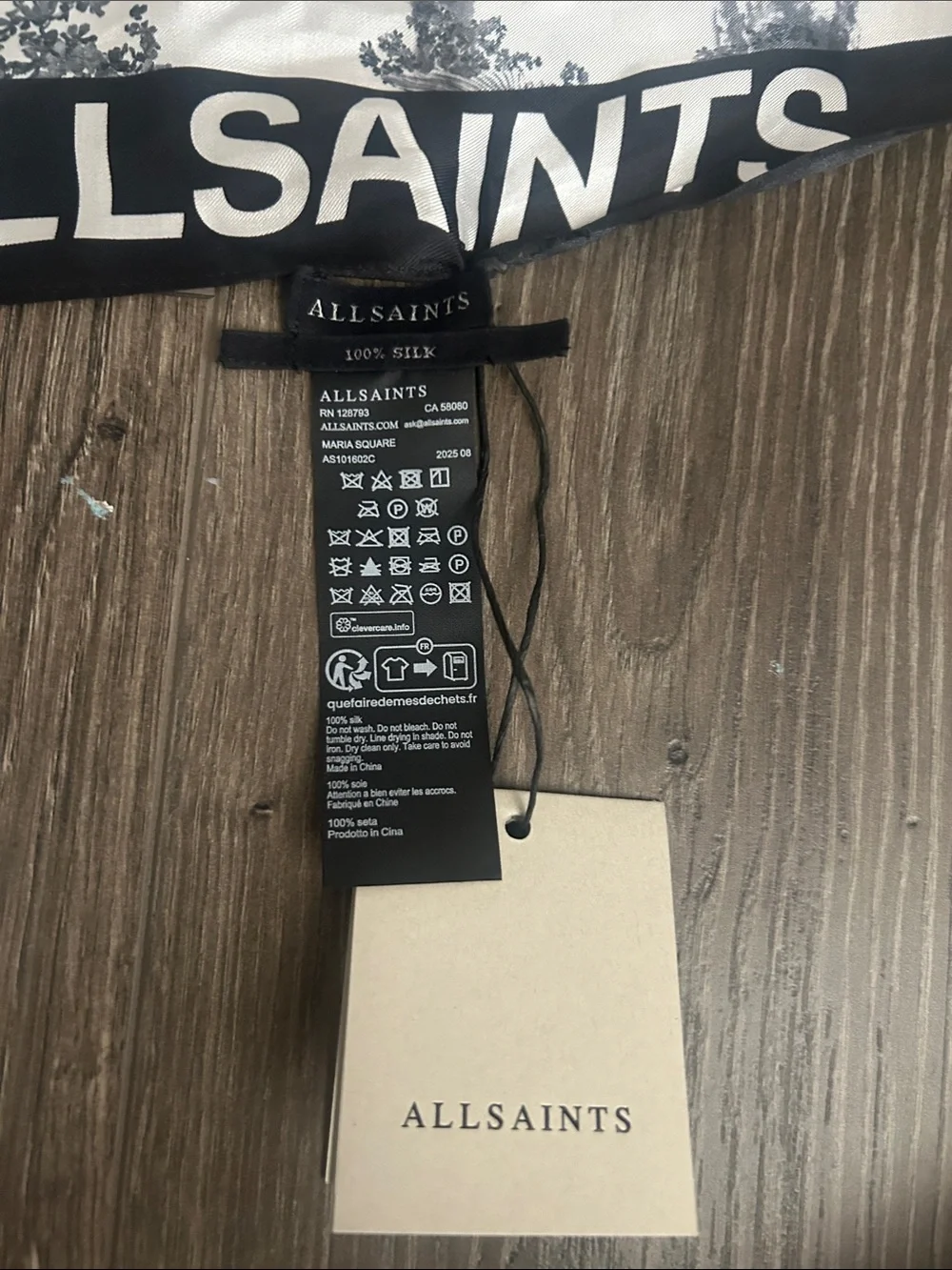 NWT AllSaints Black and White Logo Square Silk Scarf
